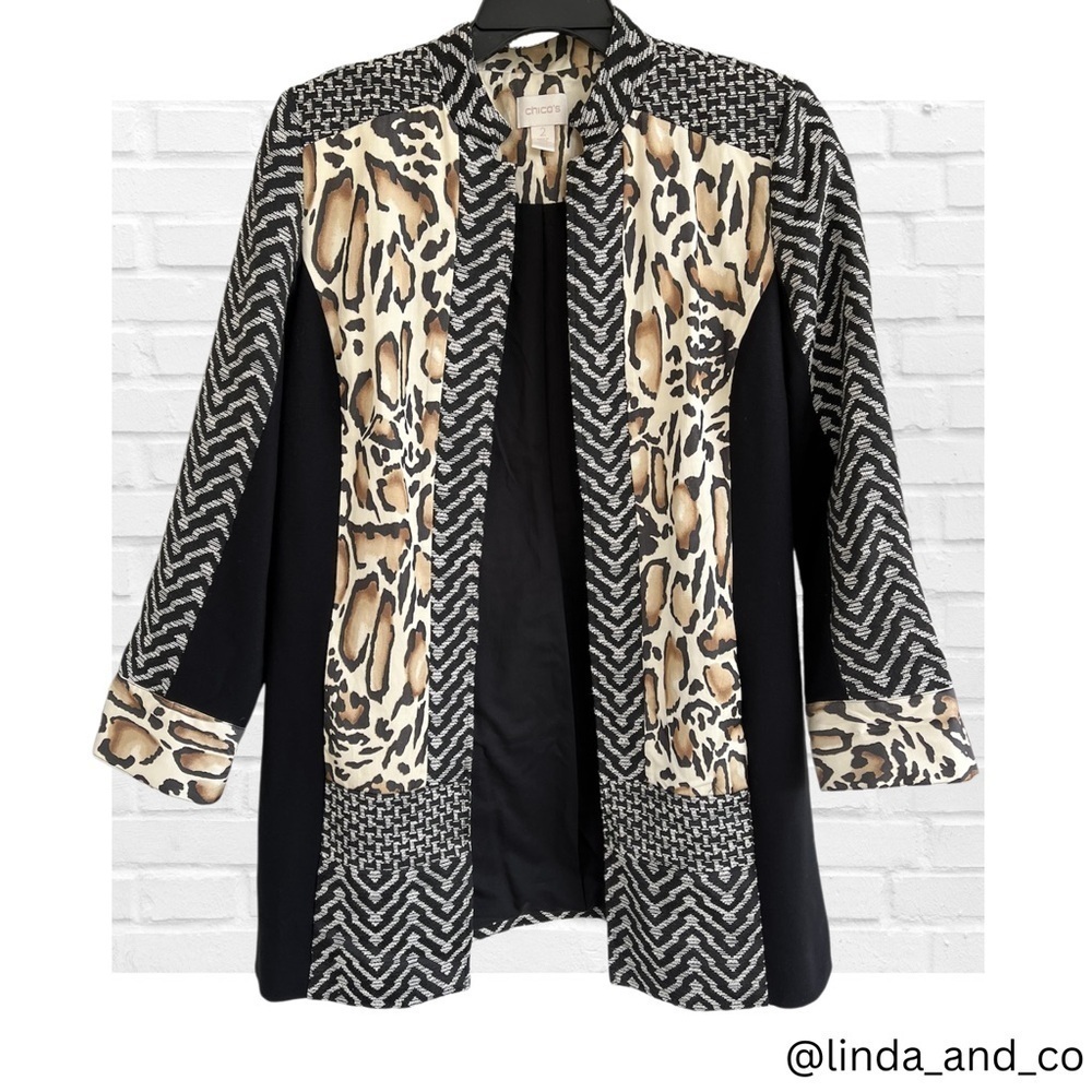 Chico's Animal Print Open Front Topper Jacket Women’s Size 12 Large Black